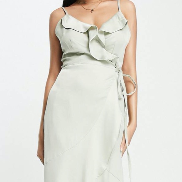 Bridesmaid/Wedding guest satin wrap dress in sage green - Picture 3 of 4